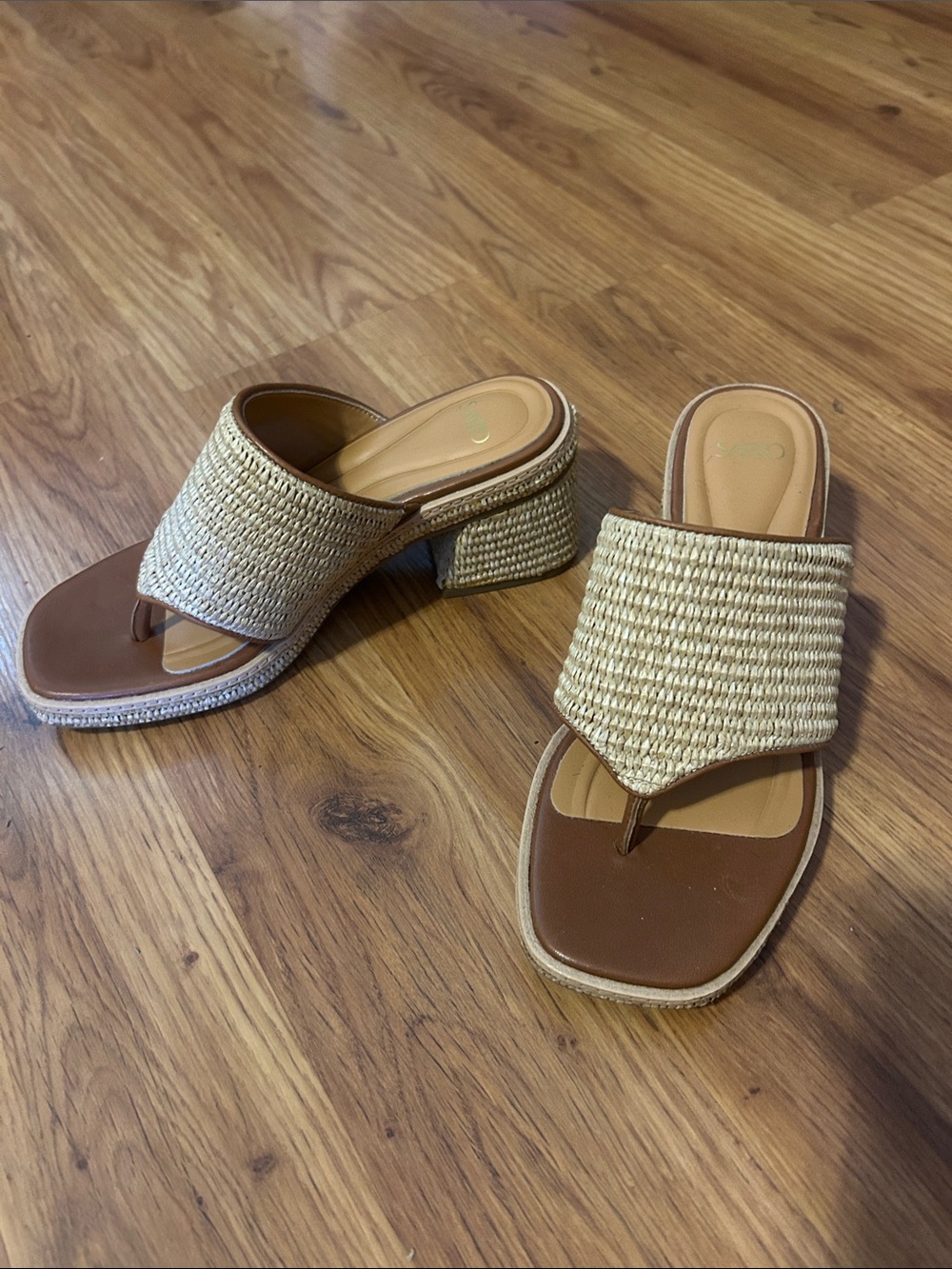 Sarto Women’s Tan Raffia Block Heel Thong Sandals